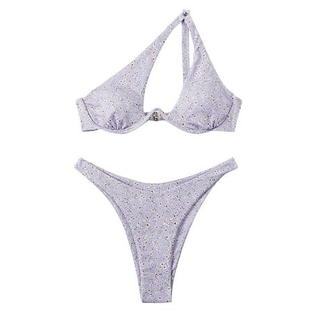 One Shoulder Swimsuits for Women 2 Piece Floral Bathing Suit Underwire Bikini Top with Thong Bottoms Cheeky Swimwear  Purple  XL
