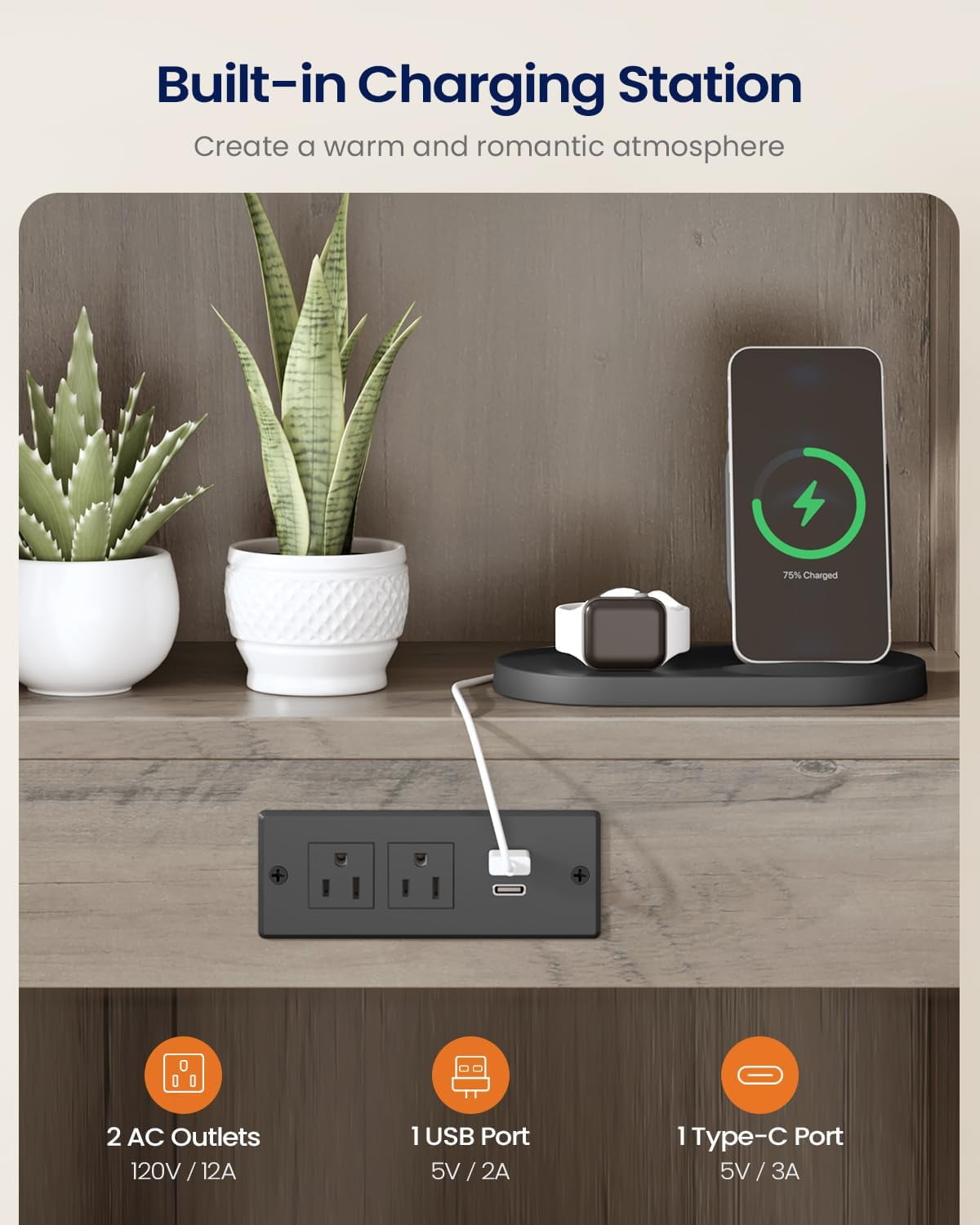Farmhouse 51.6'' Tall Nightstand with Charging Station and LED Lights, Bed Side Table with 2 Drawers and Bookshelf & 6 Hooks, Easy to Assembly, Gray