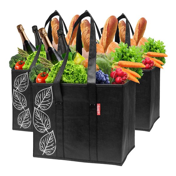 Planet E Reusable Grocery Shopping Bags â?? Large Collapsible Boxes With Reinforced Bottoms (Pack of 3, Black)