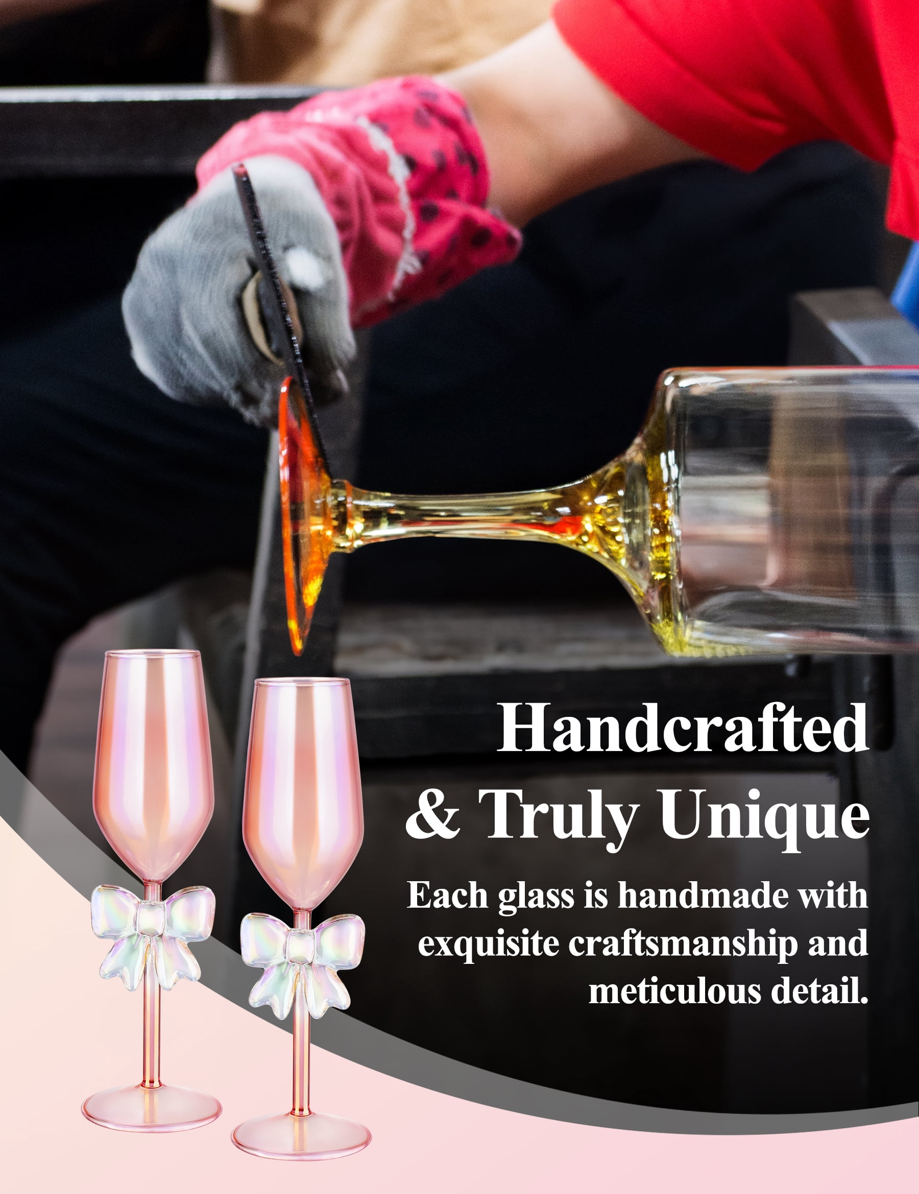 NiHome 2-Pack Pink Iridescent Champagne Flutes with Bow Base for Women, 10.5oz Handcrafted High Borosilicate Glasses, Elegant Rainbow Glassware for Wedding Party Celebration, Unique Tall Drink Cups