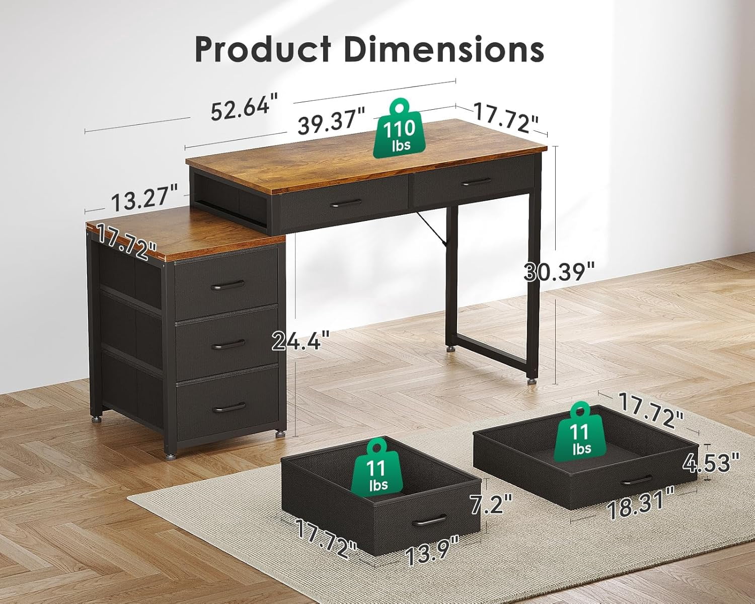 Computer Desk with 5 Drawers, 53 Inch Office Desk with Printer Shelf, Reversible Work Desk for Home Office, Writing Table Desk with Headphone Hook for Storage, Rustic Brown