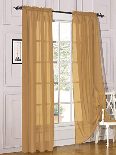 Decotex 2 Piece Sheer Voile Light Filtering Rod Pocket Window Curtain Panel Drape Set Available in a Variety of Sizes and Colors (54" X 120", Gold)