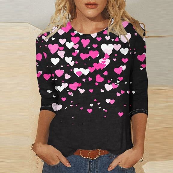VKOYWKM Heart T Shirts for Women Valentine's Day T-Shirts Cute Graphic Tees Holiday Crewneck Tops Casual 3/4 Sleeve T Shirts Valentine Gift Top Spring Fashion