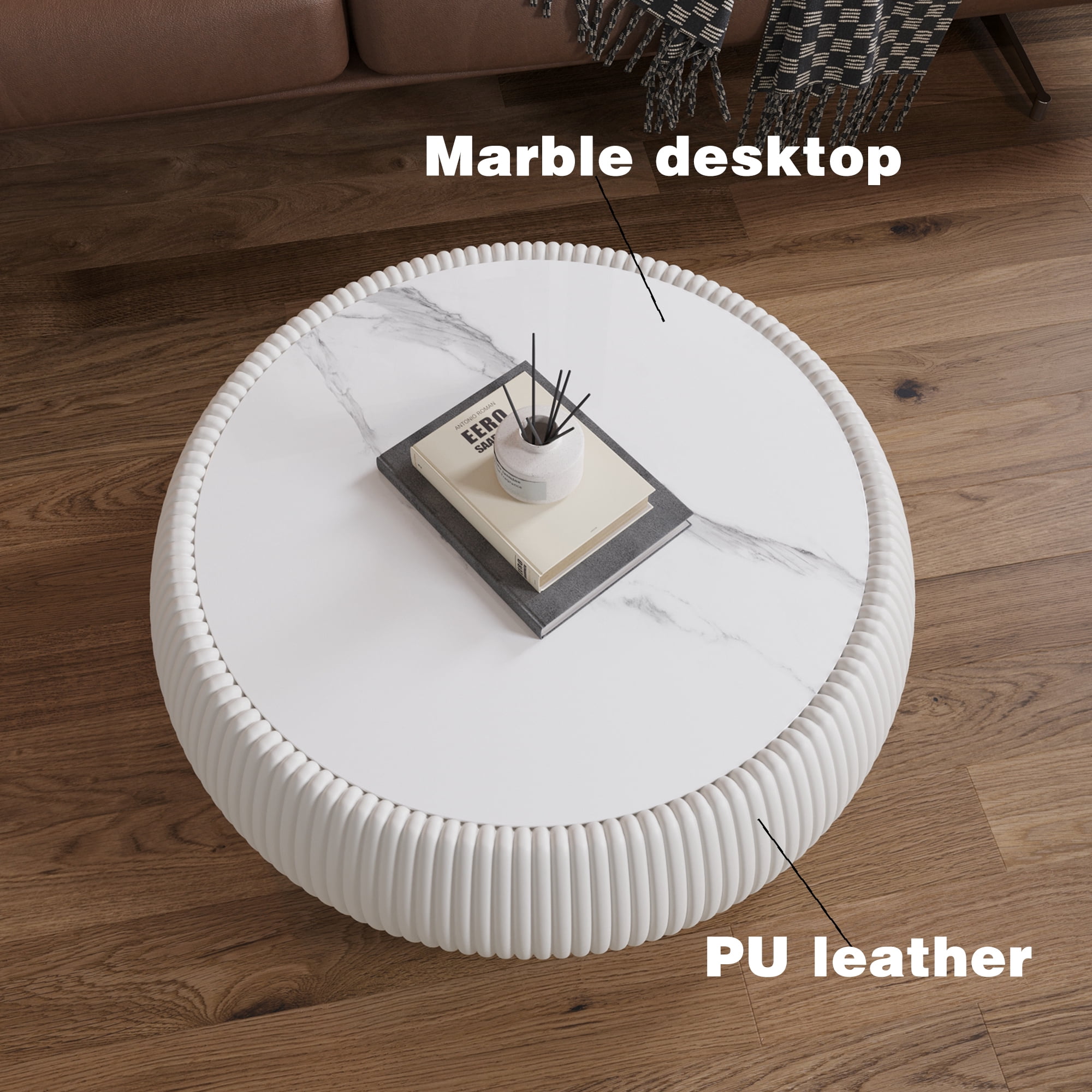Leumius Round Coffee Table,Cylinder Shape Leather Coffee Modern Sofa Table for Living Room, Bedroom and Outdoor Home Decor White