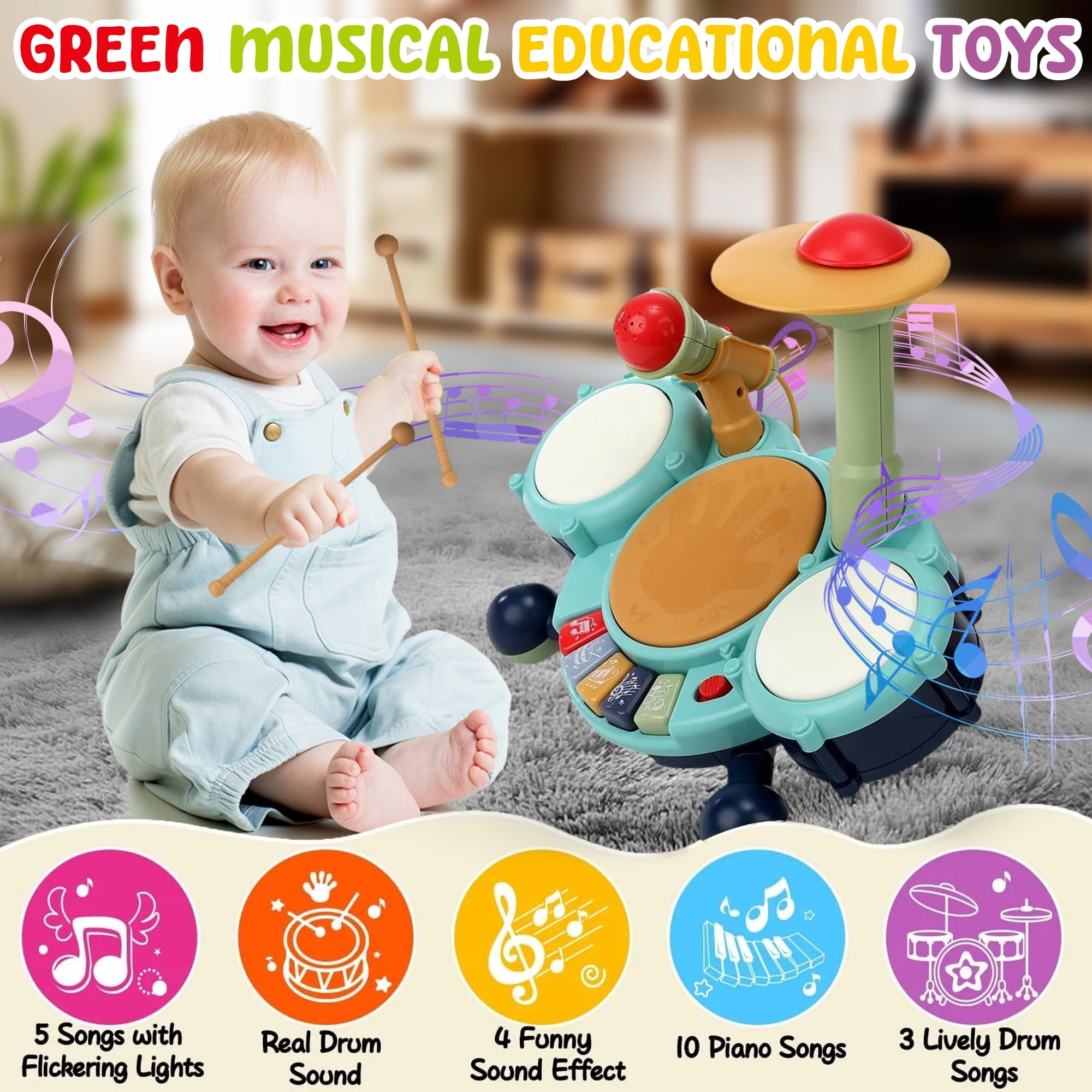 JBeeCtrl Toddler Drum Set for Kids 1-4 Kids Drum Set for 1-5 with 2 Sticks Musical Toys for 1 2 3 Year Old Boys Instrument Learning Developmental Baby BirthdayGift Blue