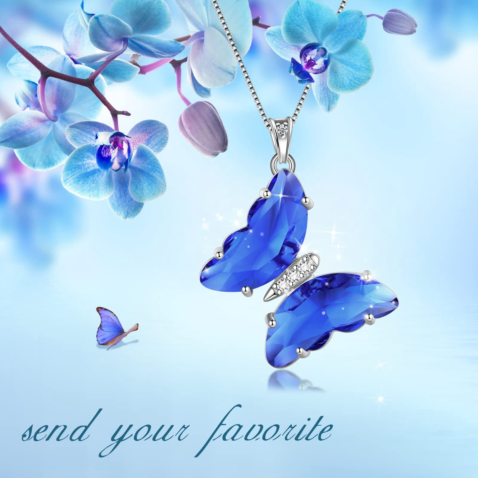 Blue Butterfly Necklace Sapphire September Birthstone Necklace Pendant 925 Sterling Silver Women Birthday Mother's Day Gifts Crystal Jewelry Juwaliy