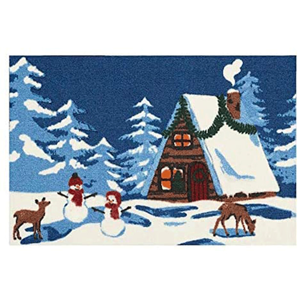 St Nicholas Square Snowman Chalet Deer Forest Winter Scene Holiday Rug, 20Inch x 30Inch