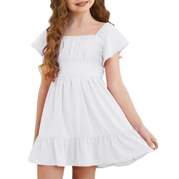 Ruyang Girls Short Sleeve Dress Square Neck Pleated Swing Dresses Teen Kids Solid Summer Elegant Cute Short Smocked Dresses