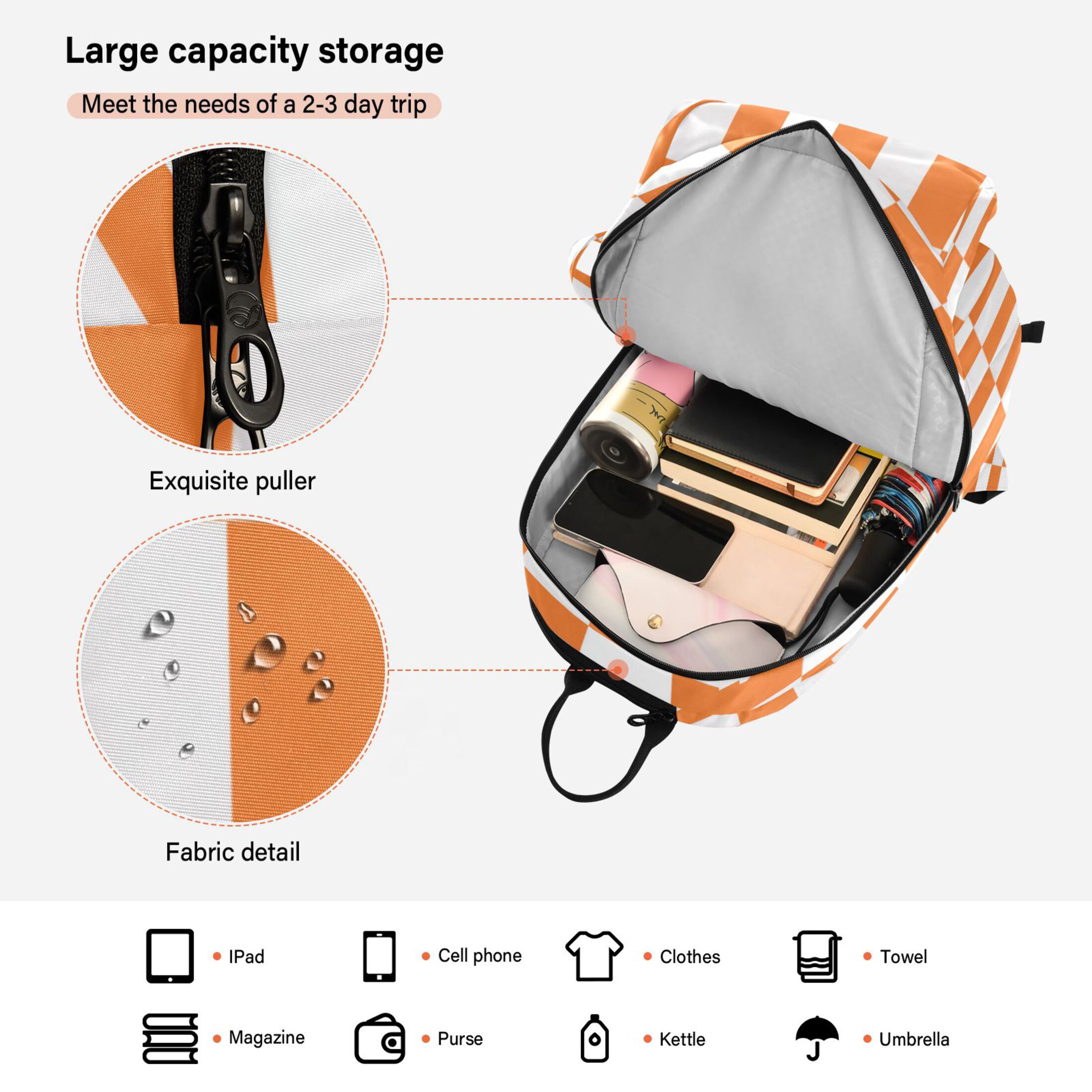 2 Racquet Holder Tennis Backpack Tennis Racket Covers Gym Bags Orange Checkerboard