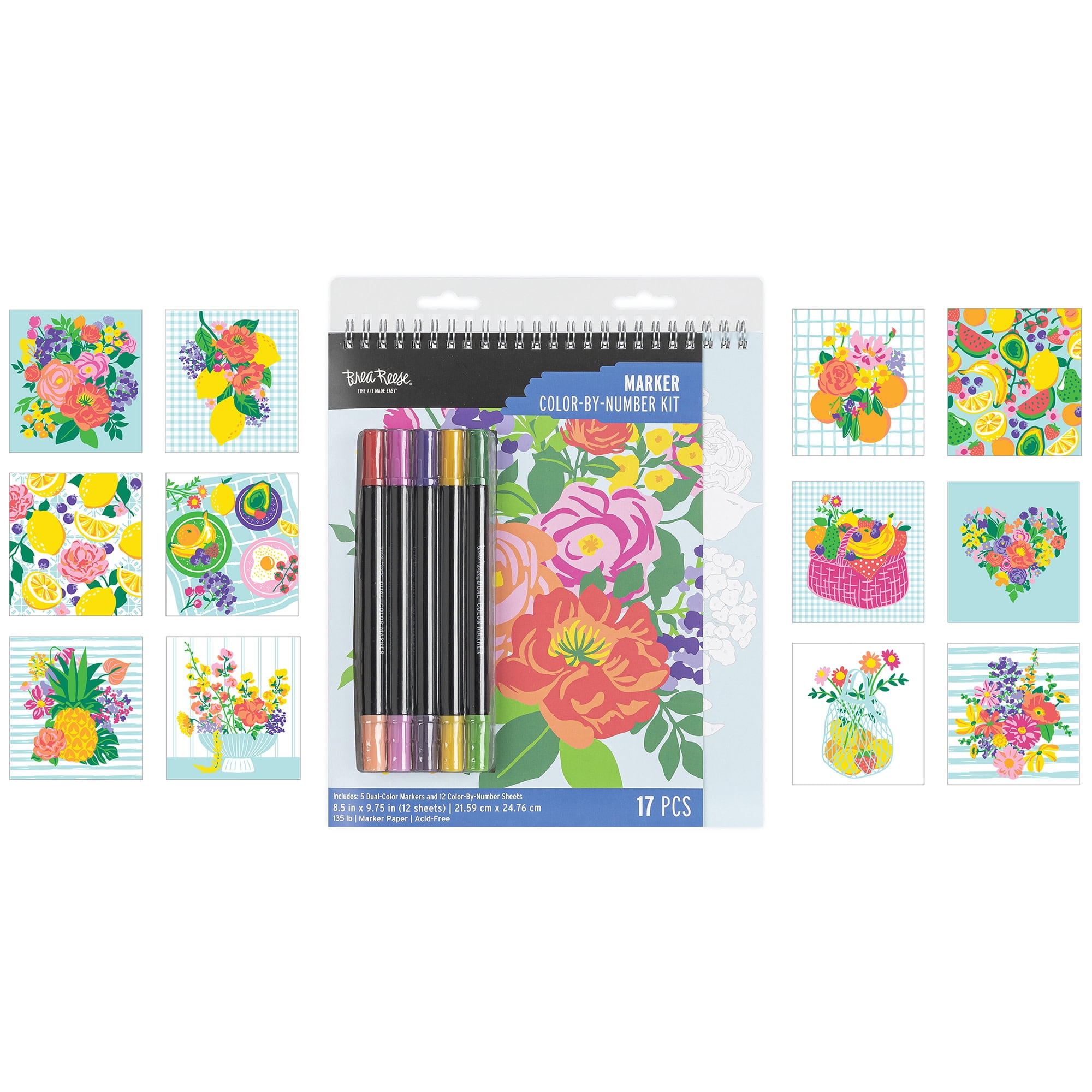 Brea Reese: Marker Color-by-Number Kit - Fruit & Floral - 5 Dual-Tip Markers, 12 Bright Designs, Guided Art, 8.5 x 9.75" Pages, Adult Spiral Art Pad