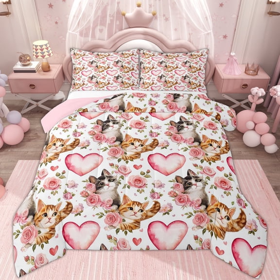 Erosebridal Cartoon Cat Animal Full Size Comforter Sets, Pink Love Heart Bedding Sets, 3-Piece