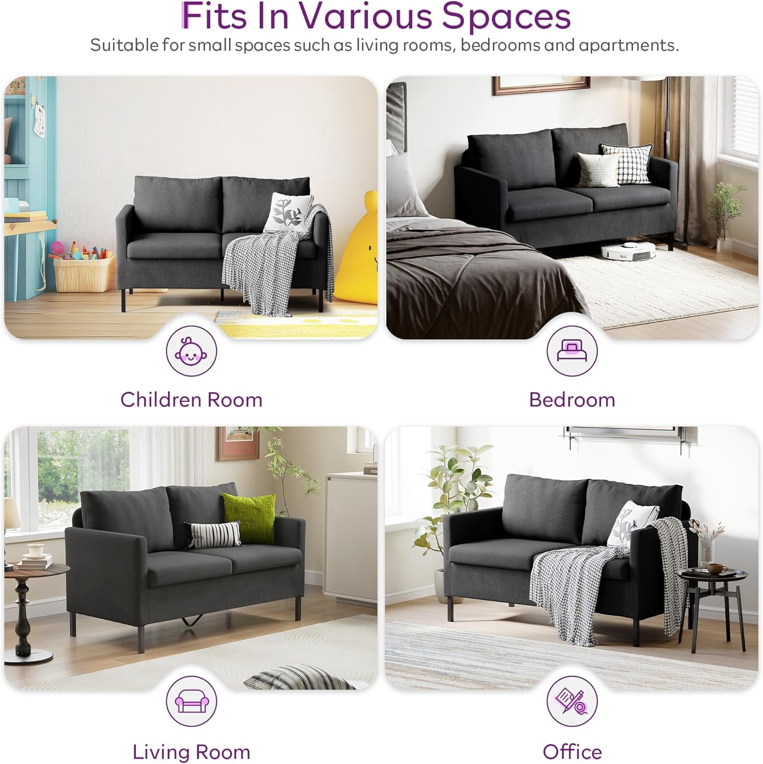 LAZZO 51" Modern Loveseat Sofa, 2-Seater Linen Fabric Couch for Bedroom & Office, Gray