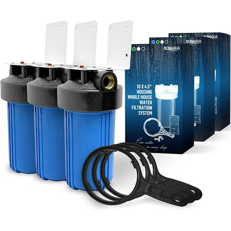 

High Capacity 10 x 4.5” Whole House Filter Purifier System for Well or City Water Presser Relief Button 1” NPT Brass Port Double O-ring Meets NSF Standards & Regulations (Blue 3 Sets)