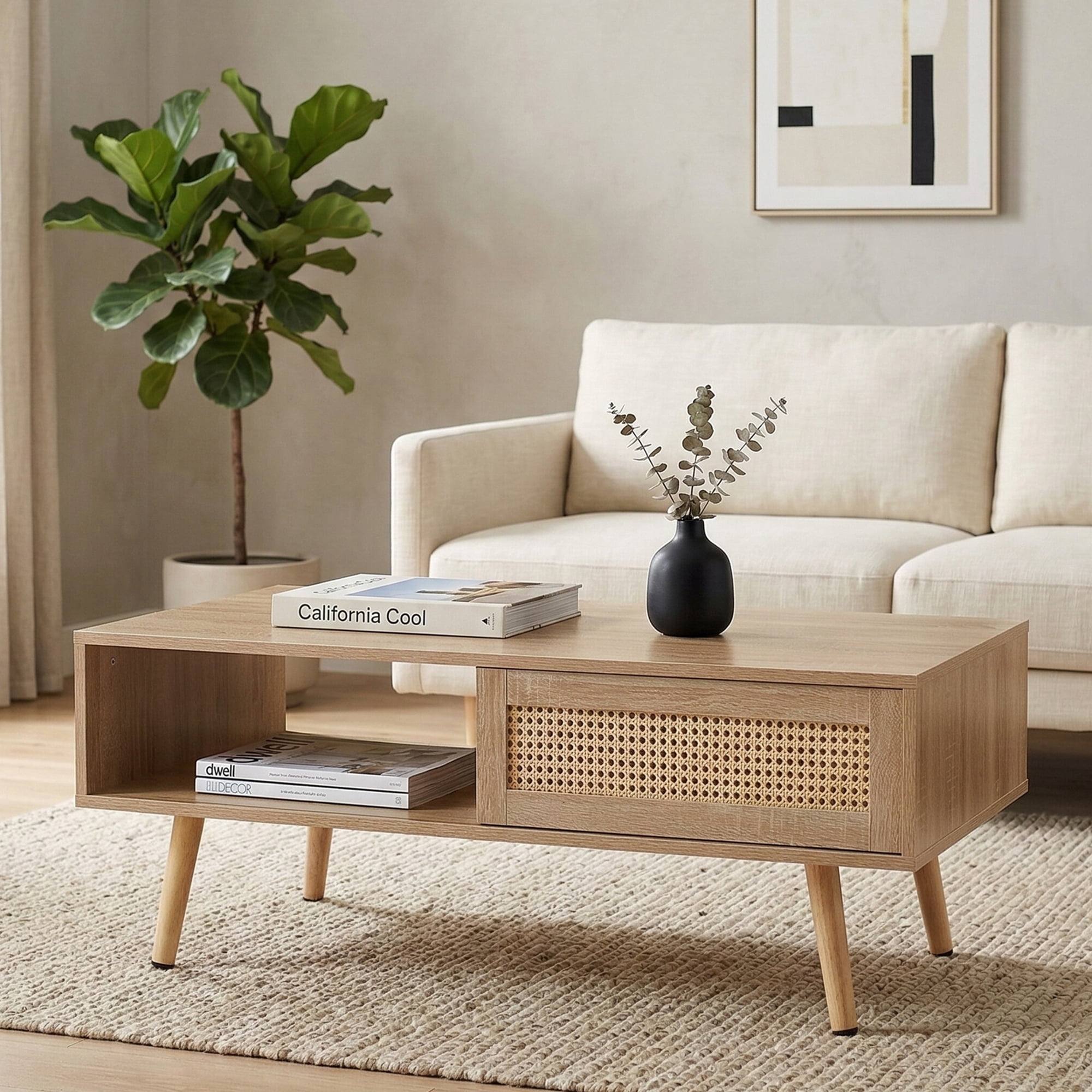 Leumius Modern Coffee Table with Storage,41.3 Inch Rectangle Wooden Accent Center Tables with Sliding PE Rattan Woven Door Panel and Solid Wood Legs, Suitable for Living Room, Apartment,Natural