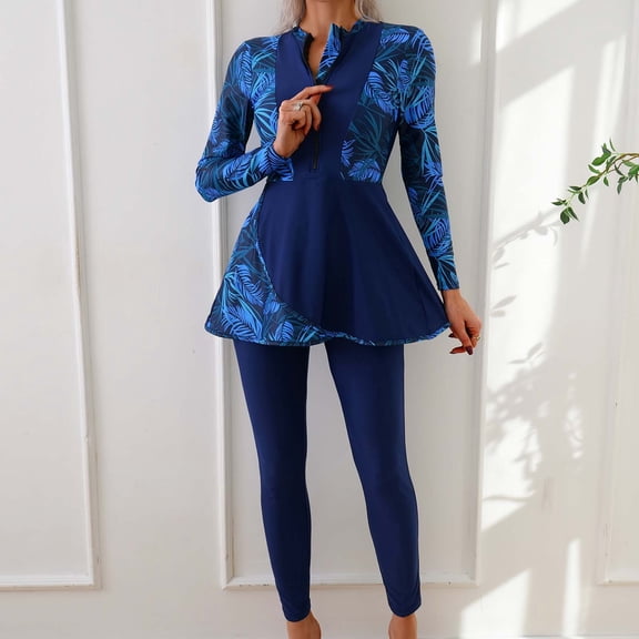 HOMBOM Womens Rash Guard Bathing Suit Modest Long Sleeve Swim Dress with Leggings Blue Two Piece Pool Swimwear for Young Woman