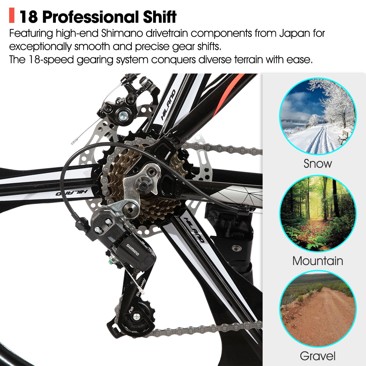 HILAND 26" MTB Mountain Bike for Men Women Adults, 18-Speed, Disc Brake, Lightweight Aluminum Frame, 3/6 Spoke Wheel