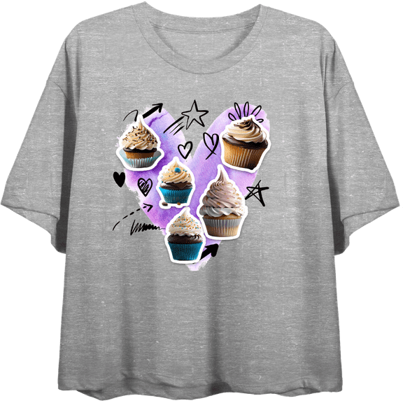Cupcake Stickers With Doodle Hearts Women's Heather Gray Crew Neck Short Sleeve Top-Large