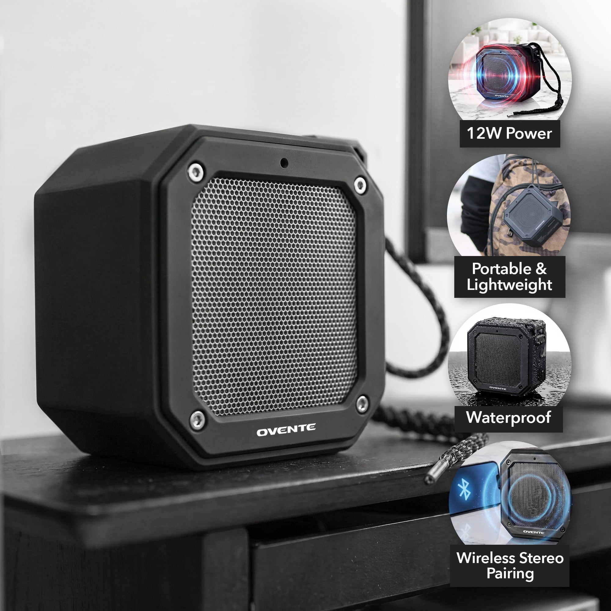 OVENTE Portable Wireless Bluetooth Speaker, IPX6 Waterproof, Black ZA1200B | Mini Stereo Player with TWS Pairing and Up to 20H Playtime, Lightweight Speaker for Shower, Pool, Outdoor Party, & Travel