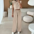 thumbnail image 5 of QATAINLAV Womens Casual Lounge Set Round Neck Shoulder Padded Cropped Tank Tops Matching Wide Leg Pants Vacation Travel 2 Piece Outfits, Beige, XL,, 5 of 10
