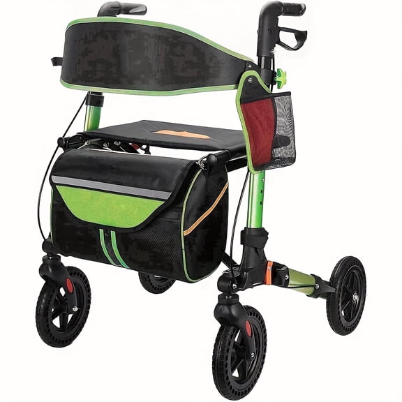 Lightweight and Foldable All terrain walker with Seat, 8-inch Rubber Wheels, Equipped with Dual Brakes, Weighing 350 Pounds, Suitable for Elderly Use (Green)