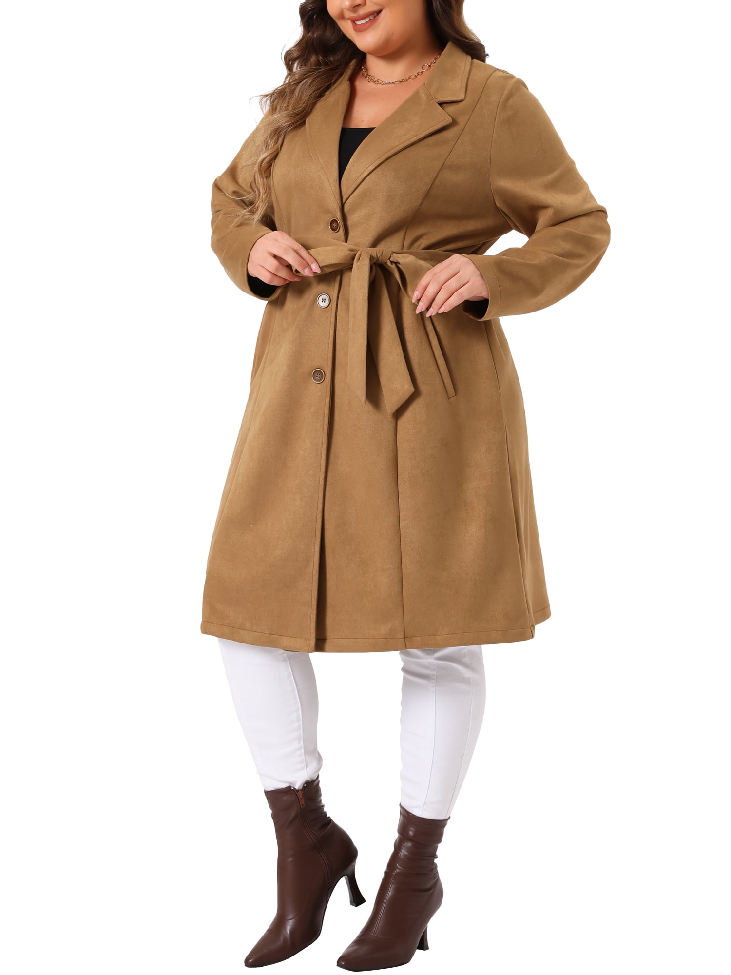 DARING DIVA Plus Size Faux Suede Trench Notch Lapel Long Sleeve Jacket 4X Brown