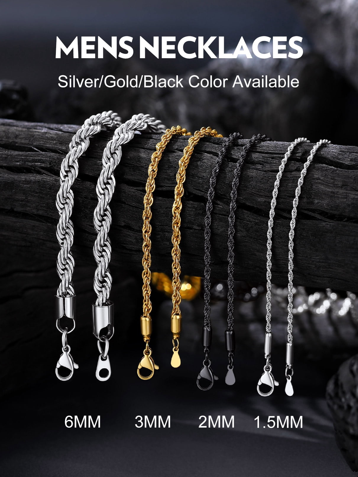 Bandmax 6MM Black Men Rope Chain Necklace 22 Inch Hypoallergenic Stainless Steel Chunky Cable Twisted Chain for Men Women Jewelry Gift