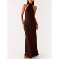 thumbnail image 4 of Brown Silk Halter Neck Maxi Dress With Draped Cowl Back Bodycon Fit Evening Cocktail Party Gown, 4 of 7