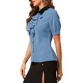 thumbnail image 4 of MODA NOVA Junior's Contrast Collar Tie Ruffle Button Short Sleeve Work Shirt Blue S, 4 of 6
