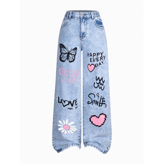 Wonitaaizi Girl's Baggy Jeans Heart Print Jeans Wide Leg Cute Denim Pants with Pockets (9-10 Years,Blue)