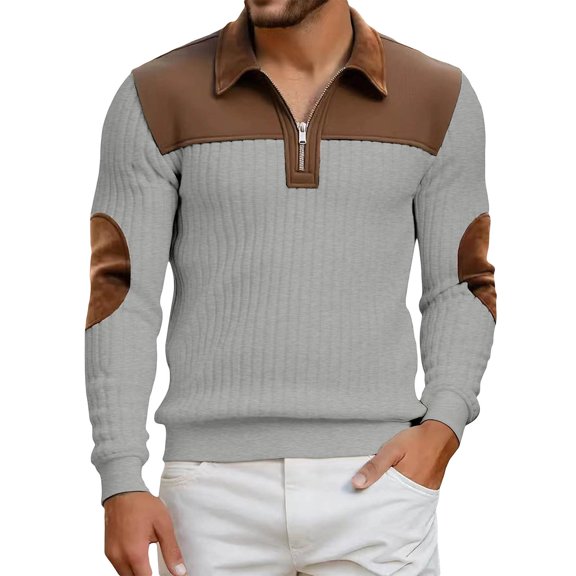 LEKWK Quarter Zip Pullover Men Slim Fit Turn Down Collar Long Sleeve Shirts Elbow Patch Casual Shirts Ribbed Knit Business Fall
