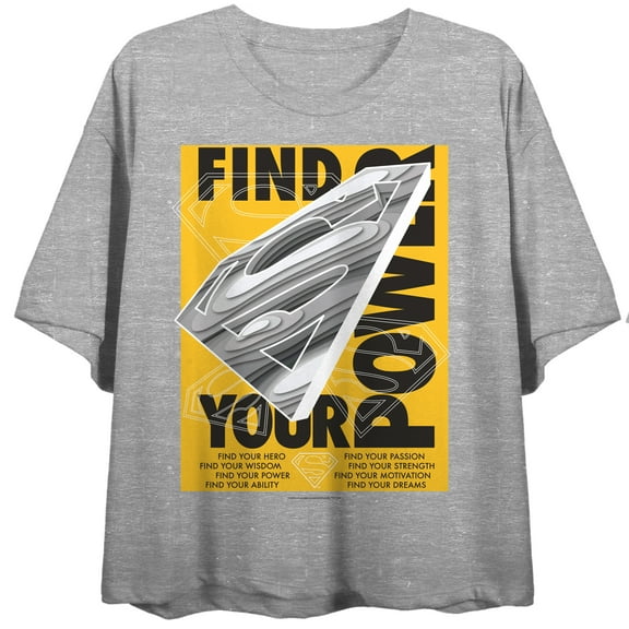 Superman Find Your Power Women's Heather Gray Short Sleeve Crop Tee-Medium