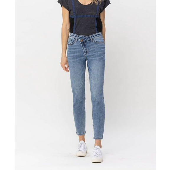 JUDY BLUE HIGH WAIST CROSSED OVER WAISTBAND RELAXED JEANS