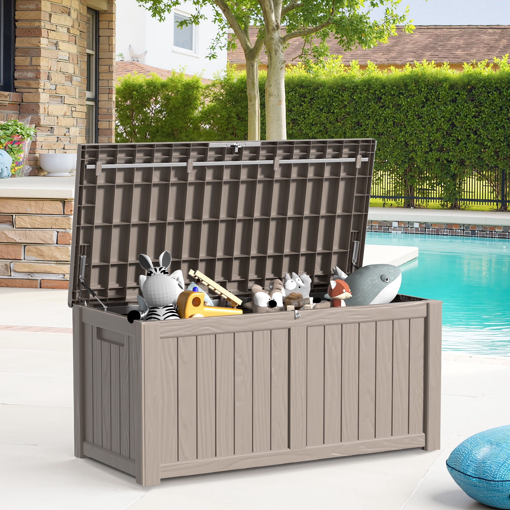 MAYEERTY 120 Gallon Outdoor Deck Box, Large Capacity Storage Box for Patio Furniture Cushions, Pillow with Wheels, Light Brown