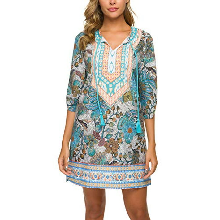 Women Bohemian Neck Tie Vintage Printed Ethnic Style Summer Shift Dress  (XL, Pattern 28) - Walmart.com