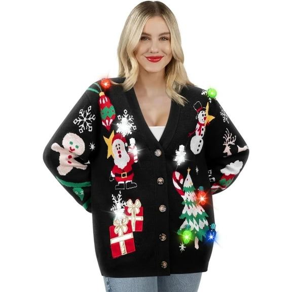 Joyfy Ugly Christmas Sweater Cardigan Women, LED Light Up Ugly Sweater, Adult Women Christmas Sweater with Light Bulbs, Cute Funny Glowing V Neck Cardigan Sweater (S, Black)