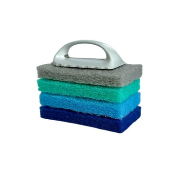 Bright Box Blue Scrubber Set with Handle, 4ct – Non-Scratch Scrub Pads   Ergonomic Grip