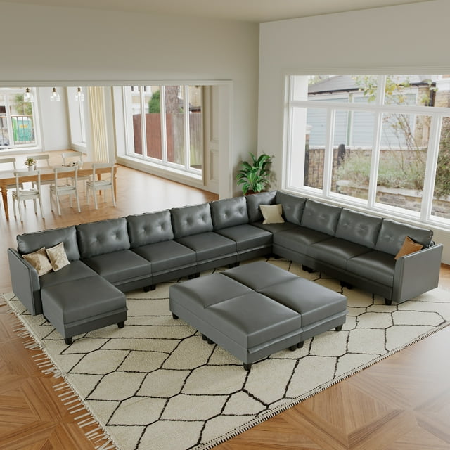 LLappuil Modular Sectional Sofa, 14 Seat Oversized Modular Sectional Sofa with Storage, Faux Leather Waterproof Sofa for Living Room