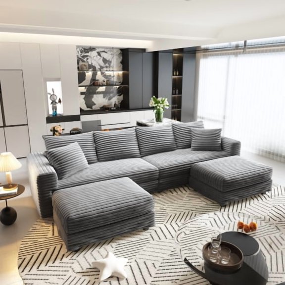 4-Seat Cloud Couch, Plush Corduroy Sectional Sofa with Movable Ottoman, Convertible Lounge Chair, 1000LB Capacity Deep Seat Sofa for Living Room, Apartment, Office, Grey