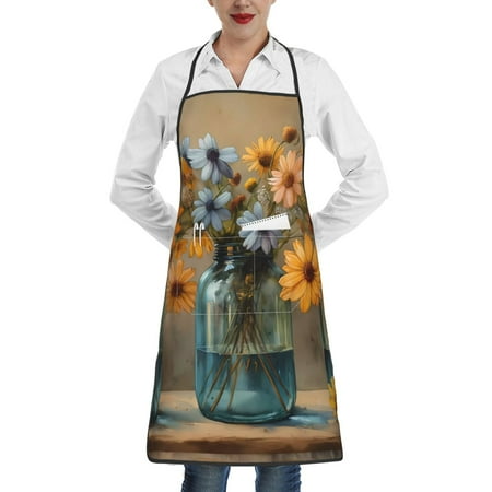 

Lukts Charming Daisy Bouquet Art Pattern Kitchen Apron Waterdrop Resistant Apron with adjustable Aprons for Women and Men with Pockets Cooking Apron