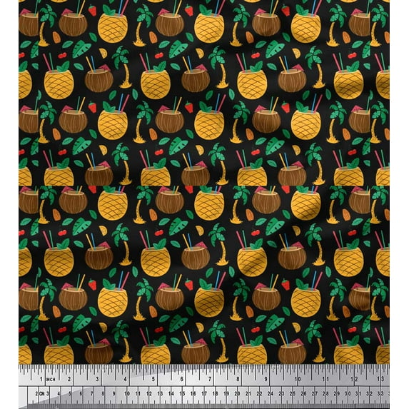 Soimoi Black Rayon Crepe Fabric Coconut Tree & Leaf Tropical Print Fabric by the Yard 46 Inch Wide