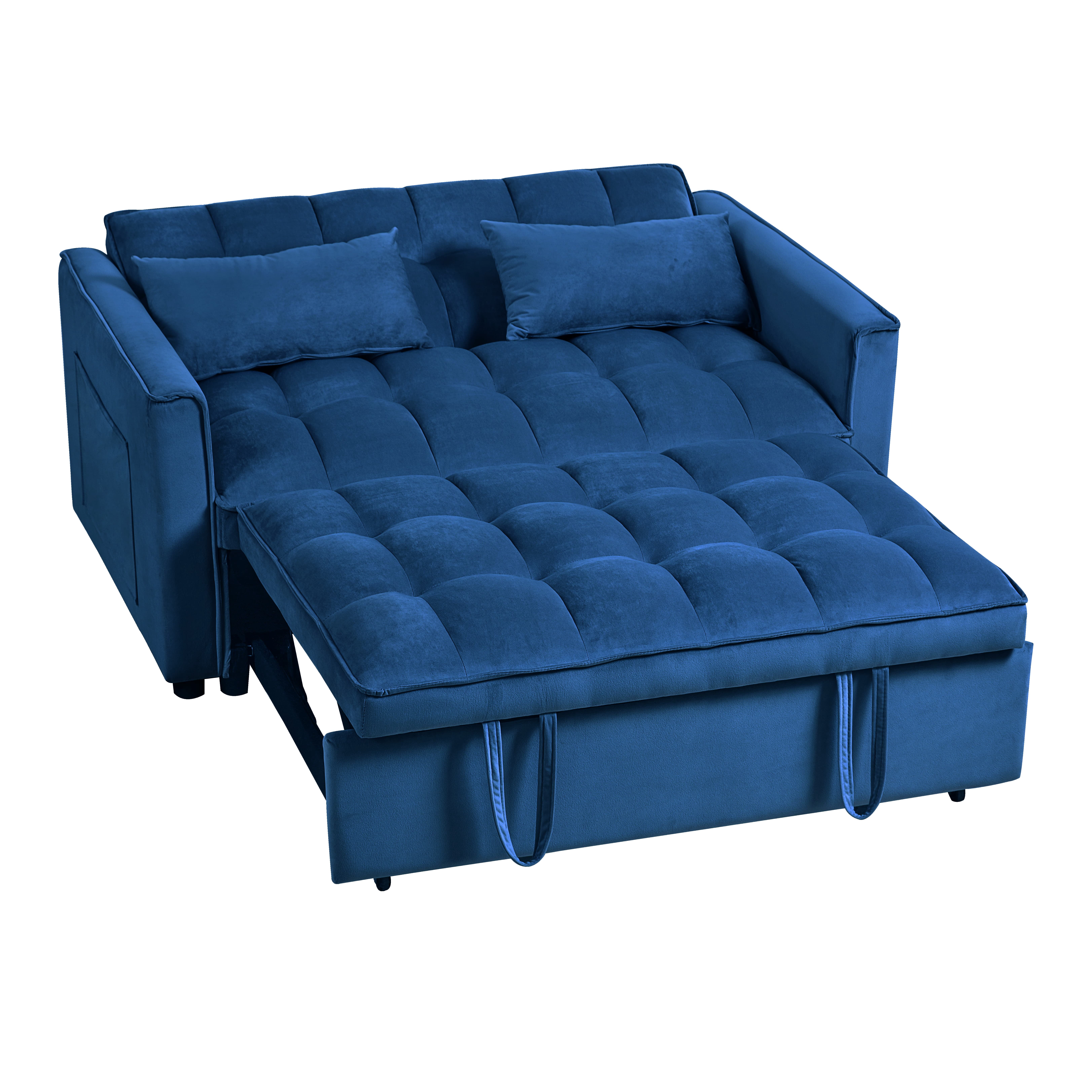 Gewnee 3-in-1 Convertible Futon Sofa Bed – 52.75" Velvet Pull-out Sofa Bed with Reclining Backrest,Side Pockets & 2 Toss Pillows – for Living Room,Apartment,Dorm(Navy Blue）