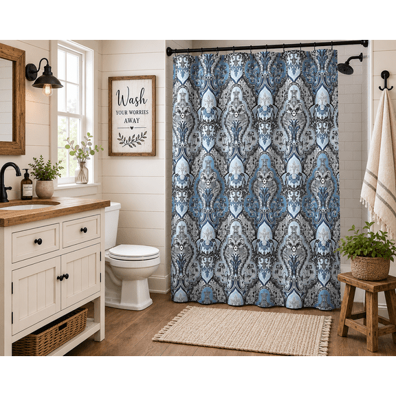 Serafina Home Decorative Blue & Silver Grey Gray Boho Fabric Shower Curtain, Modern Farmhouse for Vintage Rustic Bathroom Decor, Floral Victorian, 72 x 72