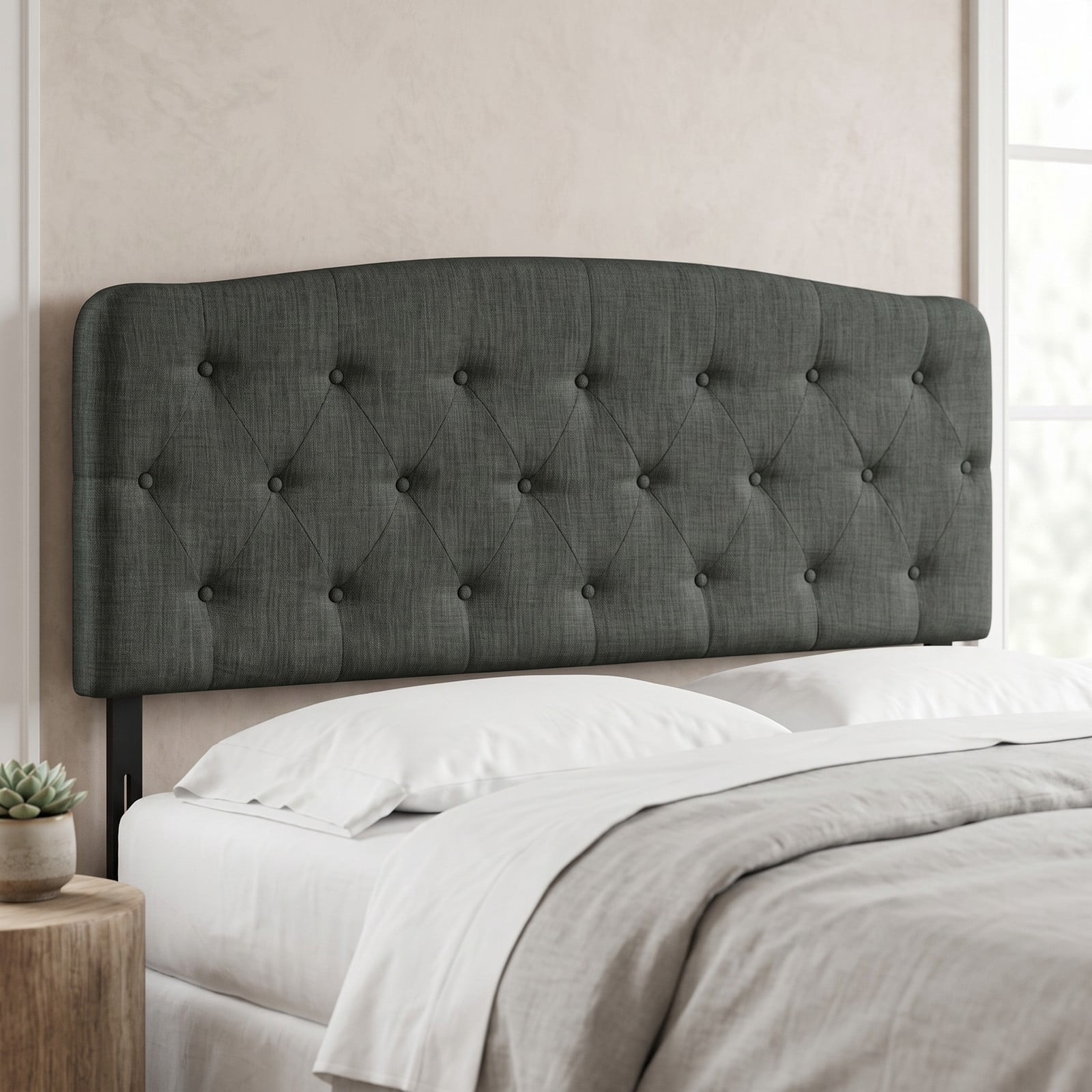 Furnibear Faux Linen Upholstered Full Size Headboard with Diamond Button Tufting and 2 Adjustable Heights for Bedroom and Guest Room, Dark Gray