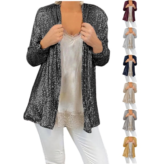 Cardigan Women Long Sleeve Solid Color Sequin Open Front Jacket For An Evening Layered Look Lightweight Jacket Women