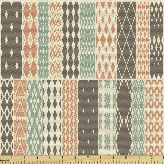 Ambesonne Geometric Fabric by the Yard Upholstery, Abstract Rhombus Square, 2 Yards, Sepia and Dark Peach