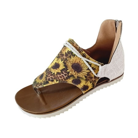 

Wandatree Womens Summer Sandals Clip-Toe Sunflower Shoes Zipper Comfy Flats Casual Beach Sandals