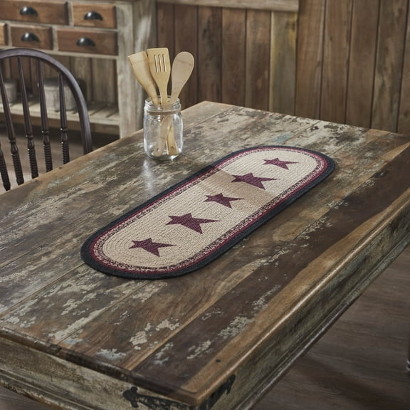 VHC Brands Braided Cotton Table Runner 12x36, Cotton Dining Room, Kitchen Table Runner, Jute Style, Farmhouse, Stenciled, Connell Collection, Rectangle 12x36, Stars, Burgundy