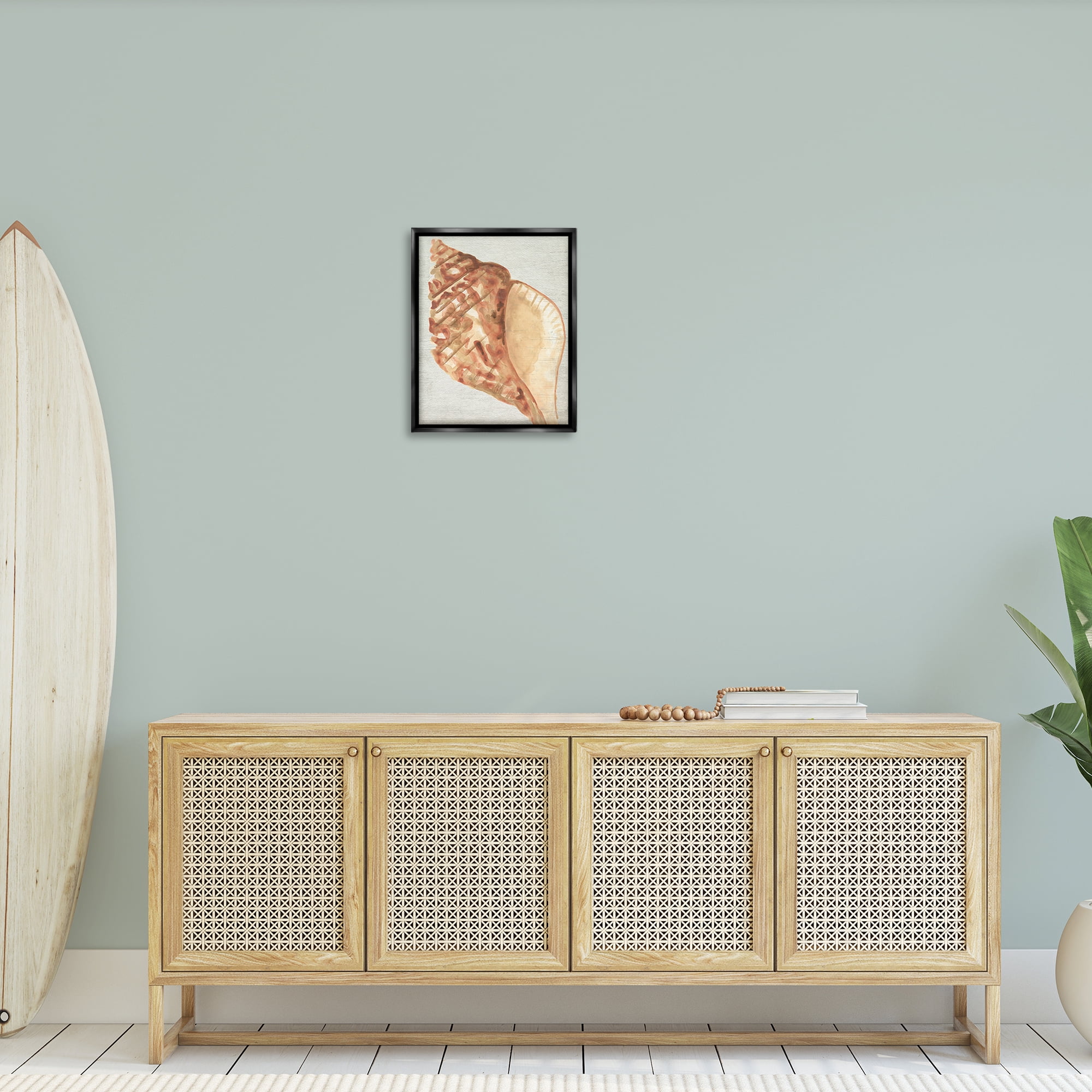 Stupell Industries Tan Conch Shell Nautical & Beach Painting Black Floater Framed Canvas Art Print Wall Art, 17 x 21