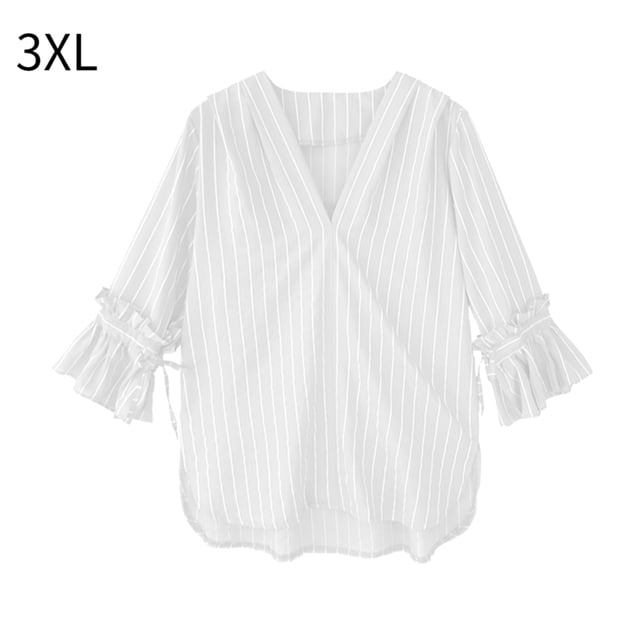 Camisa a rayas Blusa con cuello en V de verano Mujer Top casual con manga trompeta, Blanco, 3XL AweSitey AP001548-05B