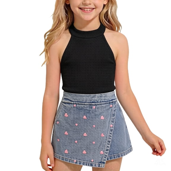 ITSAME Toddler Girls Outfits 2-Piece Ribbed Sleeveless Top and Denim Skirt Summer Casual Outfits Black Size 2-3